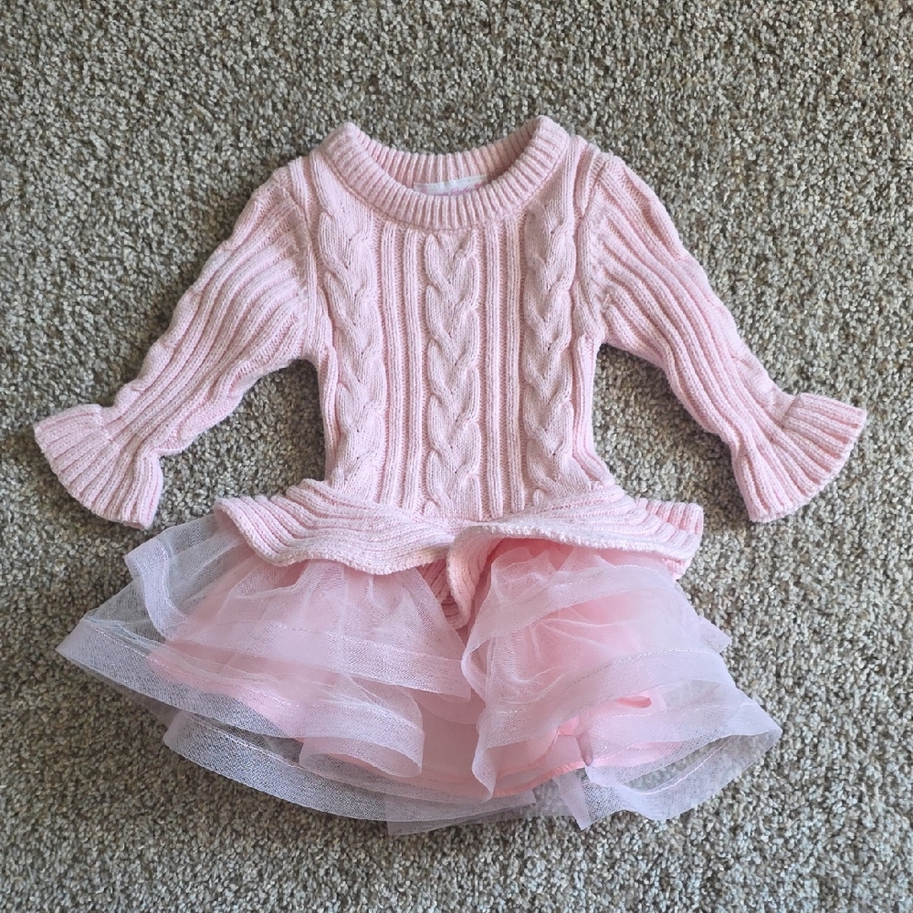 Bonnie Baby Pink Cable Knit Dress with Tulle Skirt
